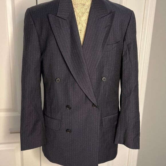 Vintage YSL Yves Saint Laurent Wool Pinstriped Double Breasted Blazer Jacket - Picture 1 of 14